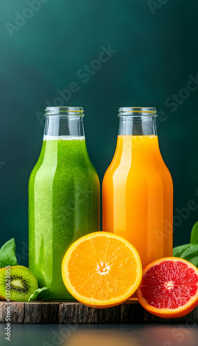 Two glass bottles filled with green and orange juice, accompanied by sliced oranges, kiwi, and spinach leaves on a dark surface against a green background
