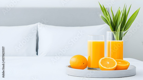 Two glasses of orange juice, oranges, and pandan leaves on a tray on a bed