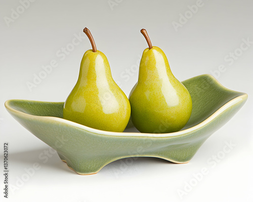 Two glossy green pears nestled in a sage-green ceramic bowl