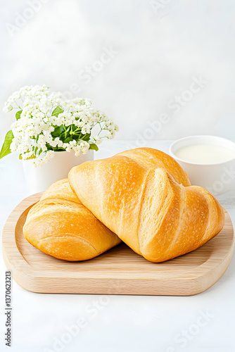 Two golden-brown bread rolls on wooden board, near flowers and milk