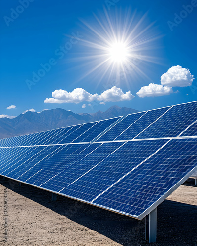 Sunny day solar panel array in a desert landscape