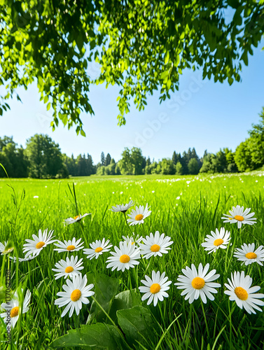Sunny meadow with daisies, green grass, and trees