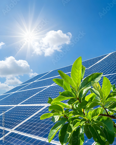 Sunny day, solar panels, and green plant
