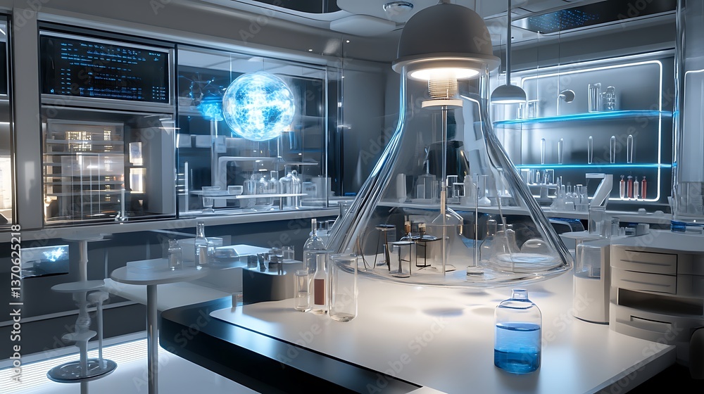 A futuristic research lab with interactive 3D models of scientific phenomena and sleek technology A futuristic research lab with interactive 3D models of scientific phenomena and sleek technology
