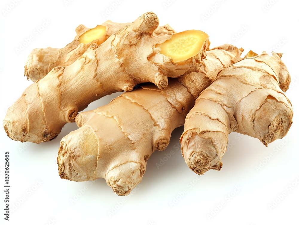 Close Up of Fresh Ginger Roots on White Background Cooking Ingredient Close Up of Fresh Ginger Roots on White Background Cooking Ingredient