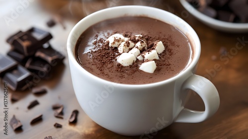 A steaming cup of dark hot chocolate