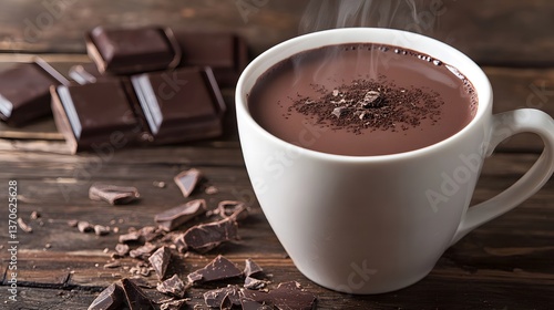 A steaming cup of dark hot chocolate
