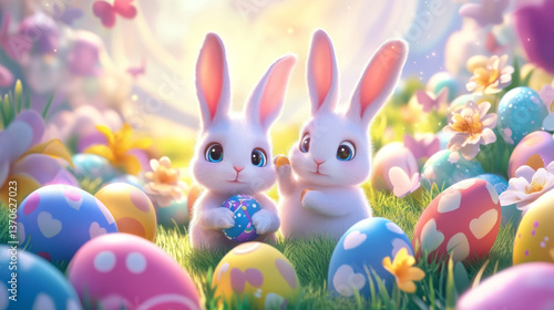 Collage with Easter bunny rabbits with colorful eggs. Holiday concept.