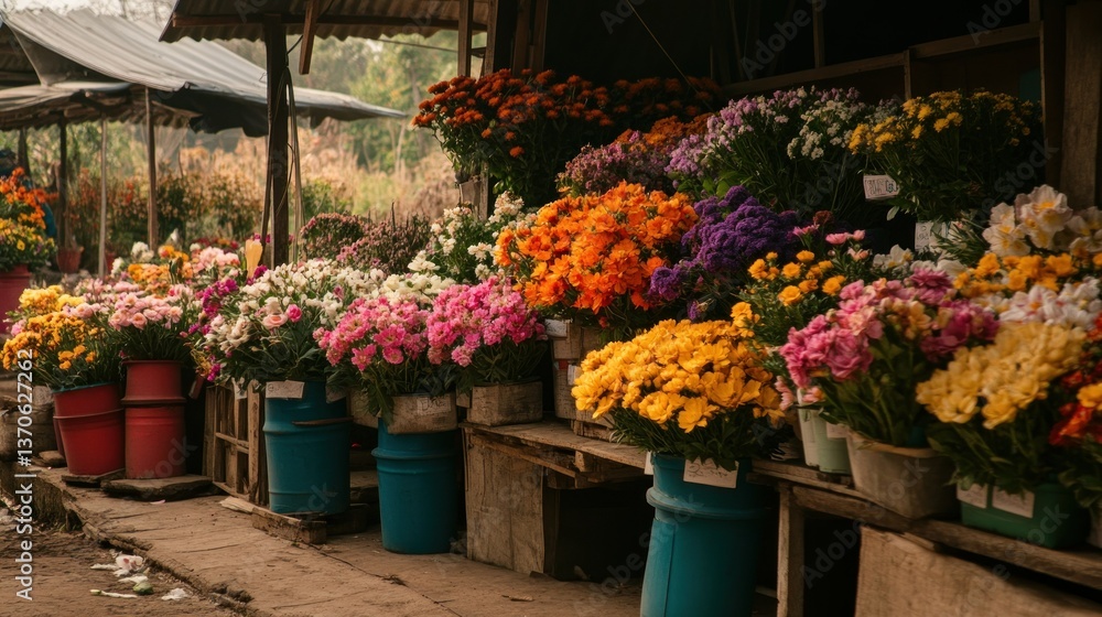 Fototapeta premium A vibrant outdoor flower stall displaying many colorful bouquets of blooms