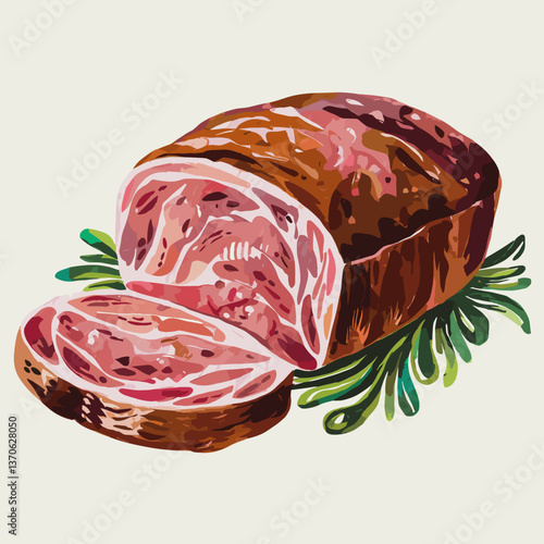 Watercolor Style Sliced Meatloaf with Herbs