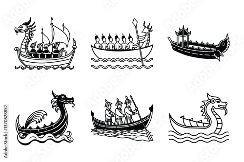 Set of crown icons with nautical and maritime elements including ships, boats, and sailboats in a vector illustration