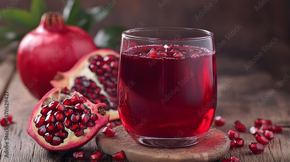 A pomegranate juice in a glass with pomegranate seeds A pomegranate juice in a glass with pomegranate seeds