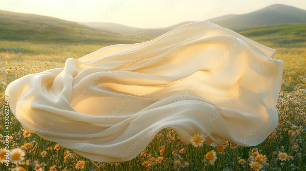 Soft, flowing fabric in a field of flowers