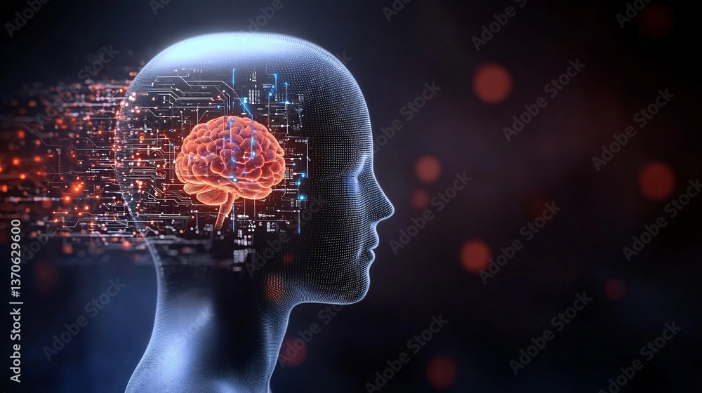 intelligence cognitive optimization. Digital silhouette with circuitry and abstract elements. intelligence cognitive optimization. Digital silhouette with circuitry and abstract elements.