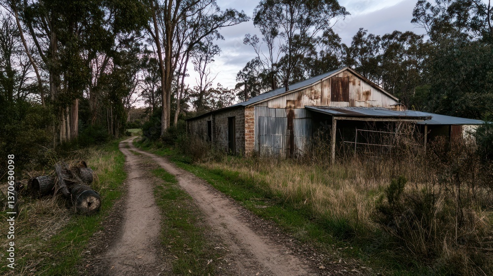 An old weathered building rests beside a dirt track An old weathered building rests beside a dirt track