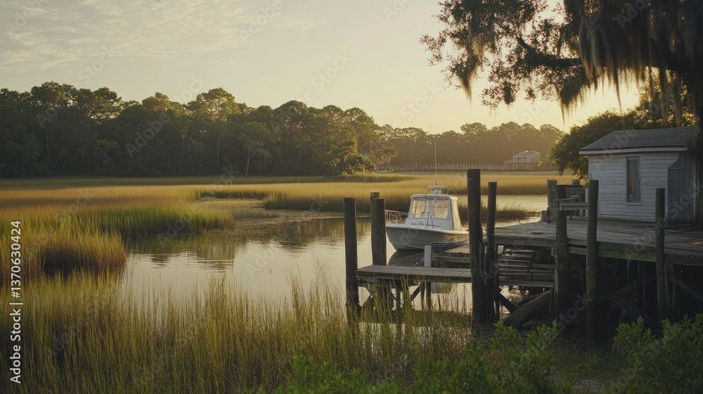 A scenic waterfront landscape shows boat and a small wooden dock A scenic waterfront landscape shows boat and a small wooden dock