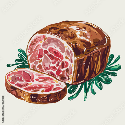 Watercolor Style Sliced Meatloaf with Herbs