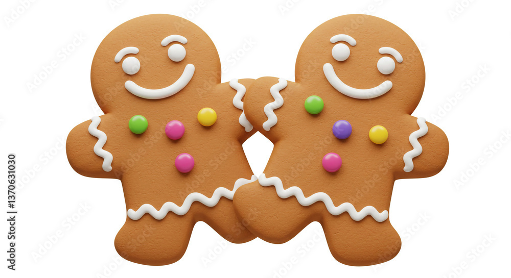 Two cheerful gingerbread men joyfully holding hands, a sweet holiday treat, rendered with vibrant colors and a smooth texture. Two cheerful gingerbread men joyfully holding hands, a sweet holiday treat, rendered with vibrant colors and a smooth texture.