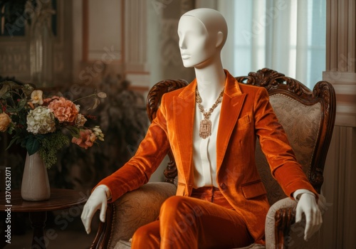 Elegant mannequin dressed in a vibrant orange velvet suit, showcasing fashion