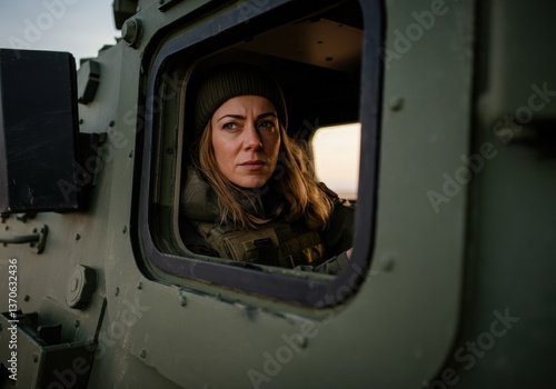Female soldier looking out from military vehicle, showcasing strength and determination