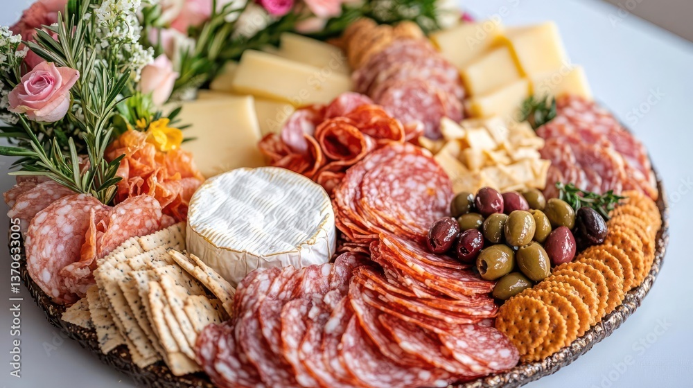 Overhead view of a decorative food platter with cured meats cheeses crackers and olives with floral arrangement Overhead view of a decorative food platter with cured meats cheeses crackers and olives with floral arrangement