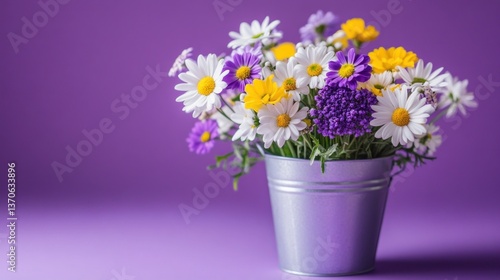 Wallpaper Mural Colorful flower bouquet in a metal bucket against a vibrant purple background.  A cheerful arrangement of daisies, and other small blossoms in various hues of white, purple, and yellow Torontodigital.ca
