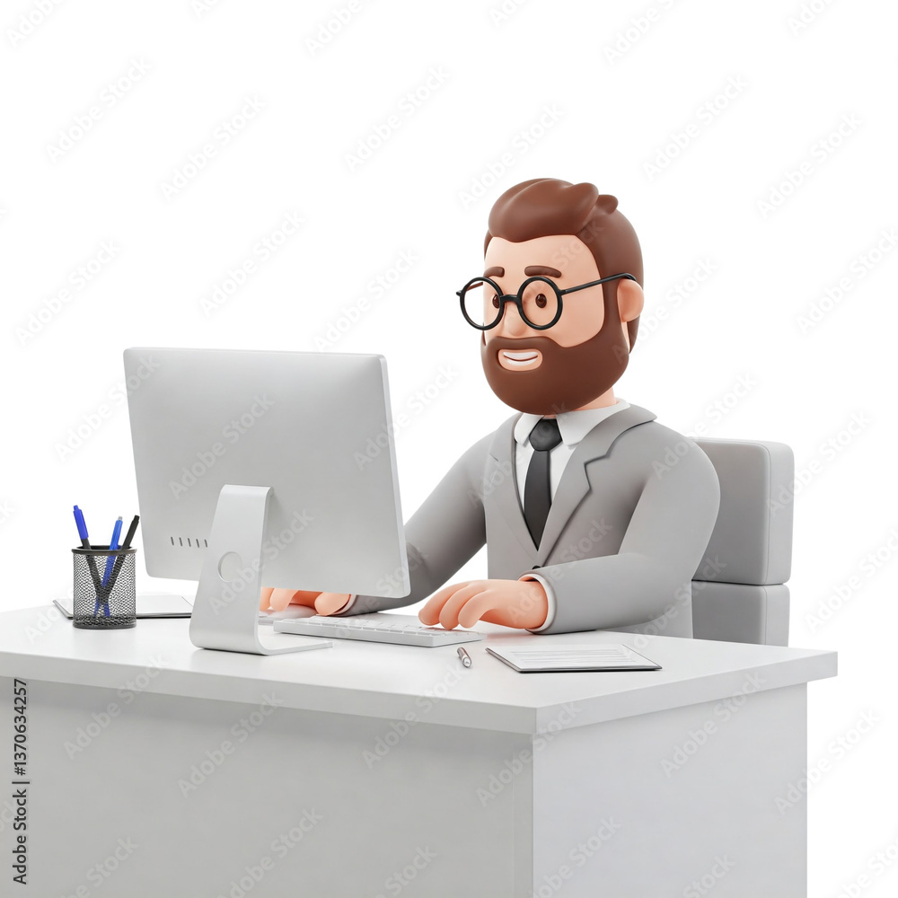 3D Cartoon Businessman Working on Computer at Office Desk 3D Cartoon Businessman Working on Computer at Office Desk