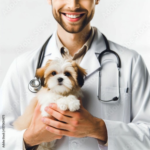 A veterinarian in a clean white coat, holding a small dog carefully while smiling at the camera. The pet appears calm and happy, making the image ideal for veterinary and pet-care-related content. The