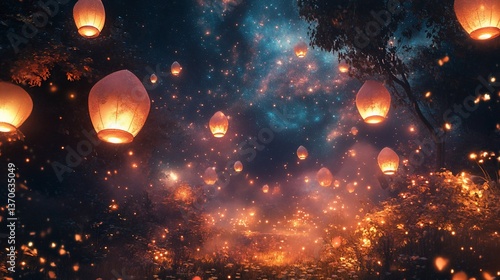 Enchanting Lantern Festival, A Magical Night Sky Lit by Glowing Lanterns