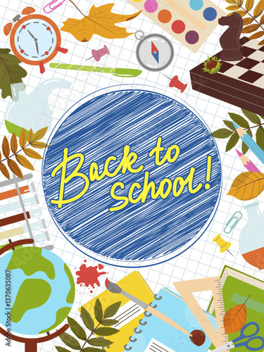 A set of school supplies. Back to school. Children's learning objects, globe, chess and autumn leaves. Flat style vector illustrations on a white background. All objects are isolated.