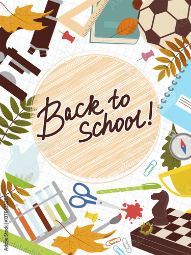 Set of school supplies. Back to school. Children's educational items, microscope and chess and autumn leaves. Vector illustrations in flat style on a checkered background. All objects are isolated.