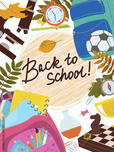 Set of school supplies. Back to school. Children's educational items, two school backpacks and autumn leaves. Vector illustrations in flat style on a checkered background. All objects are isolated.