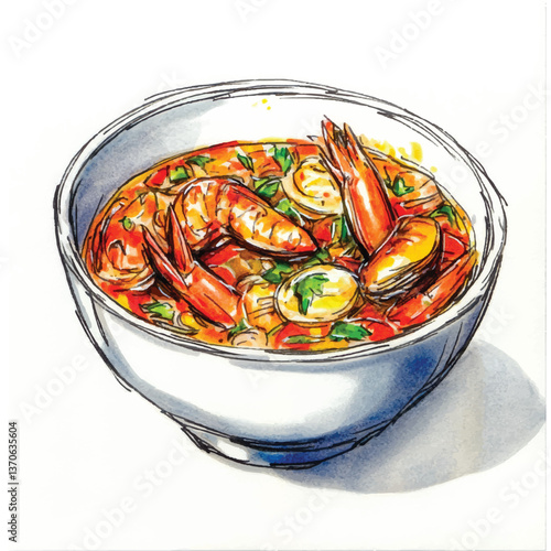 watercolor copic marker concept sketch of Bouillabaisse