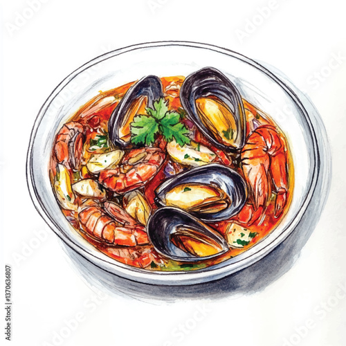 watercolor copic marker concept sketch of Bouillabaisse
