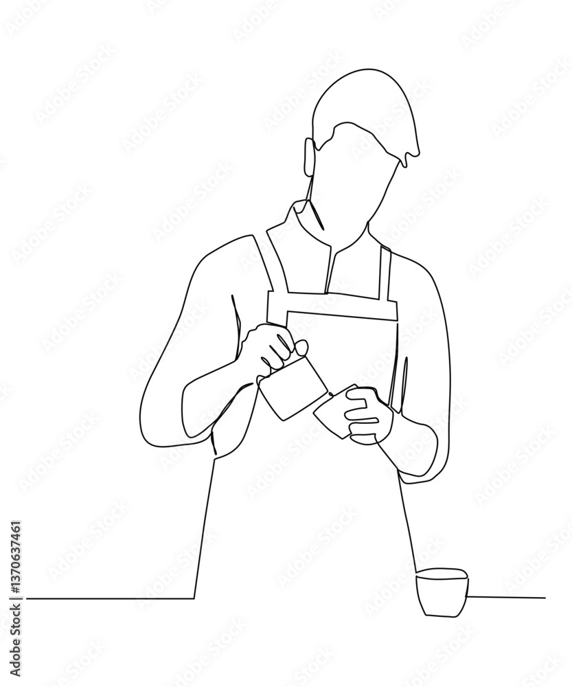 Continue one line of barista pouring milk to coffee. Continue one line of barista pouring milk to coffee.