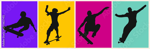 Silhouettes of modern skaters jumping with skateboards set. Young people skate boarding. Modern street activity. Black Flat vector illustration of active teenagers isolated on colorful background