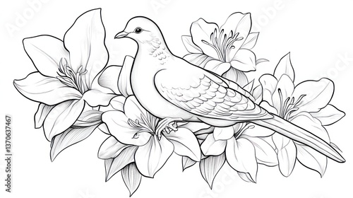 Dove Among Flowers, Artistic Line Drawing, Coloring Page