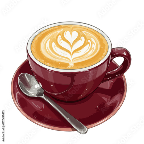 caffe latte in burgundy ceramic cup