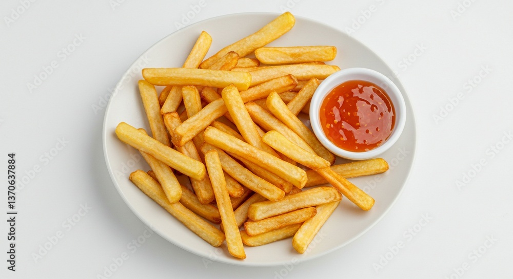 french fries with clear white background with sauce in the beside with white plate french fries with clear white background with sauce in the beside with white plate