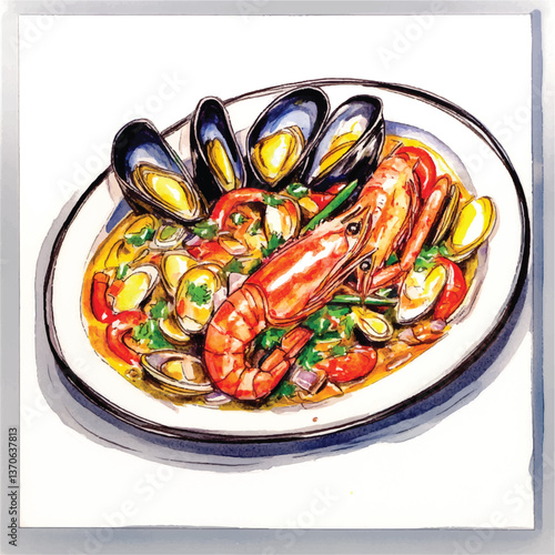 watercolor copic marker concept sketch of Bouillabaisse