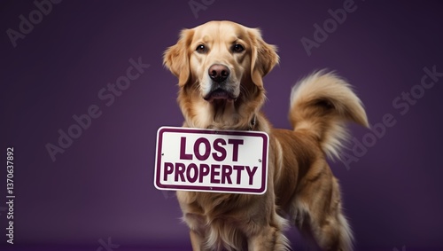 A golden retriever holding a sign that reads 'Lost Property' against a purple backdrop, evoking a sense of concern and humor