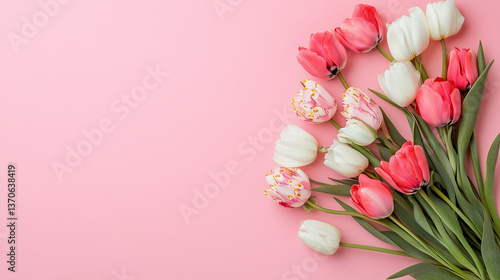 ピンクの背景に並ぶカーネーションや花々とつぼみ