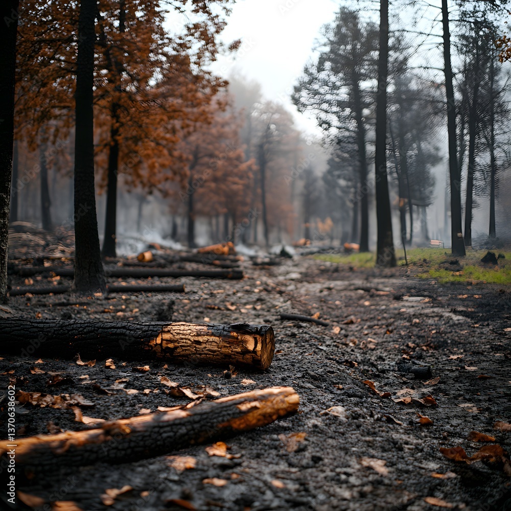 Obraz premium Forest aftermath reveals burnt trees and charred remains during a foggy morning