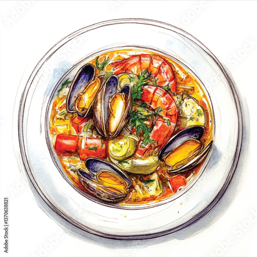 watercolor copic marker concept sketch of Bouillabaisse
