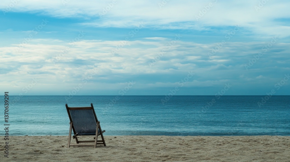 Serene beach scene featuring a solitary chair, inviting relaxation near the sea Serene beach scene featuring a solitary chair, inviting relaxation near the sea