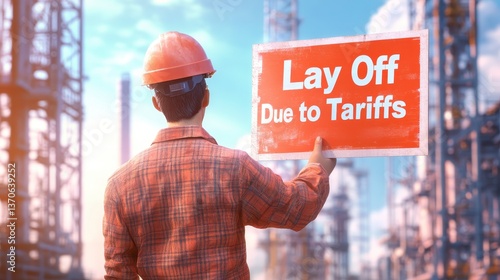 Facing Layoffs: An industrial worker, bearing the weight of economic hardship, stands before a backdrop of industry, holding a sign signaling job losses due to tariffs, a poignant visual narrative