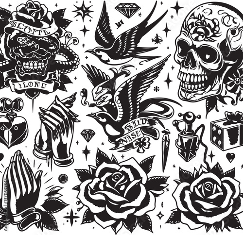 Tattoo Style Vector Bundle | Vintage Skull, Roses, Dragons, and Wild Animals Illustrations