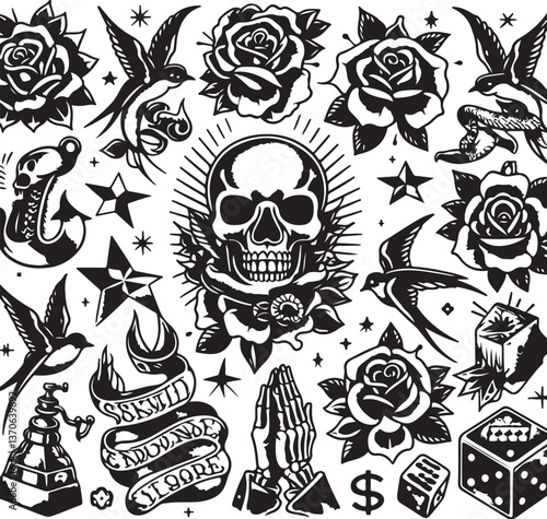 Tattoo Style Vector Bundle | Vintage Skull, Roses, Dragons, and Wild Animals Illustrations