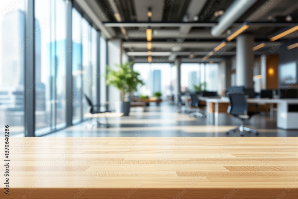 Wooden tabletop with blurred modern office background. Wooden tabletop with blurred modern office background.