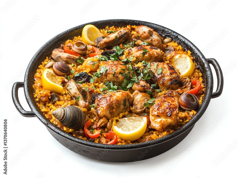 Serving Delicious Seafood Paella with Chicken and Lemon in a Pan Serving Delicious Seafood Paella with Chicken and Lemon in a Pan
